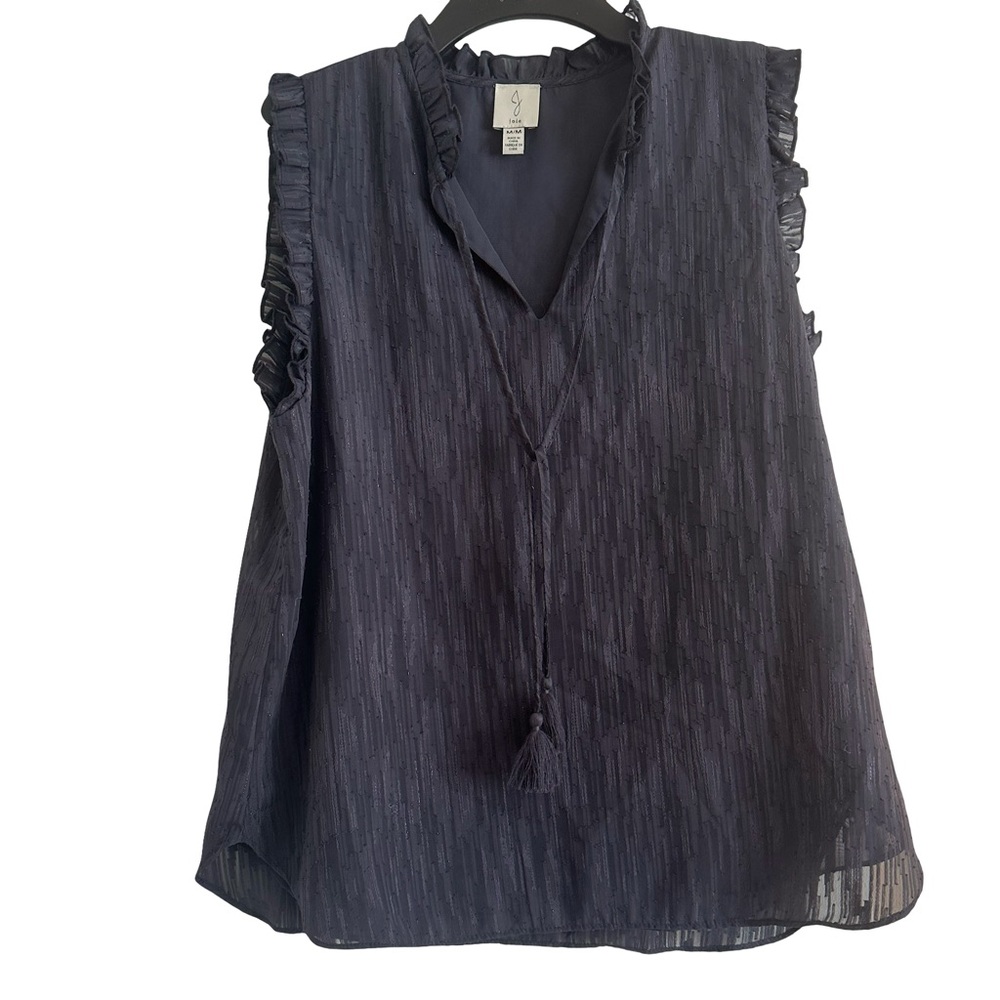 Joie Chic Dark Blue Textured Sleeveless Ruffle V-Neck Top with Metallic Threads